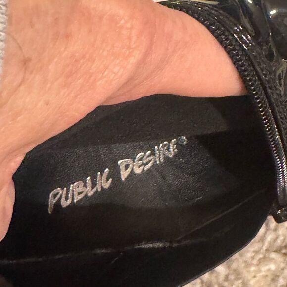 Public Desire Caryn Black Patent Wide High Block High Heel Boots Silver Tip Sz 6 - Picture 10 of 13